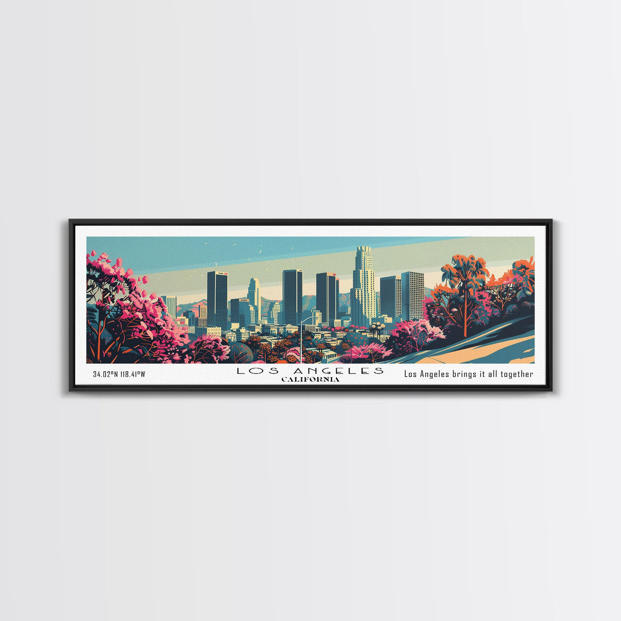 Los Angeles California Mid Century Modern Framed Canvas Print, Retro Pop Art Travel Poster, Home Decor, City Art, Panoramic Painting