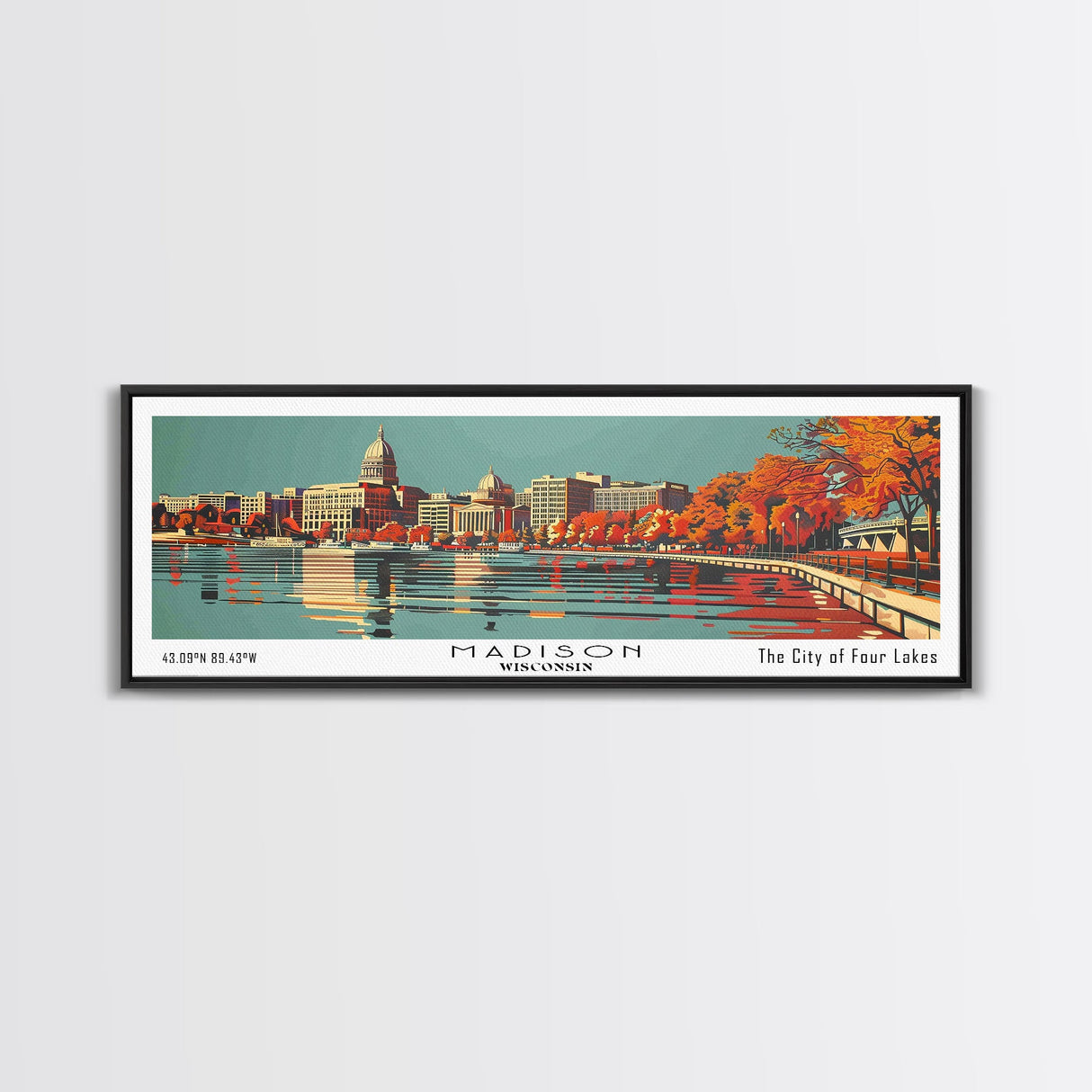 Madison Wisconsin Panoramic Wall Art, Mid Century Modern Framed Canvas Print, Retro Pop Art Travel Poster, Office Decor, Gift Idea