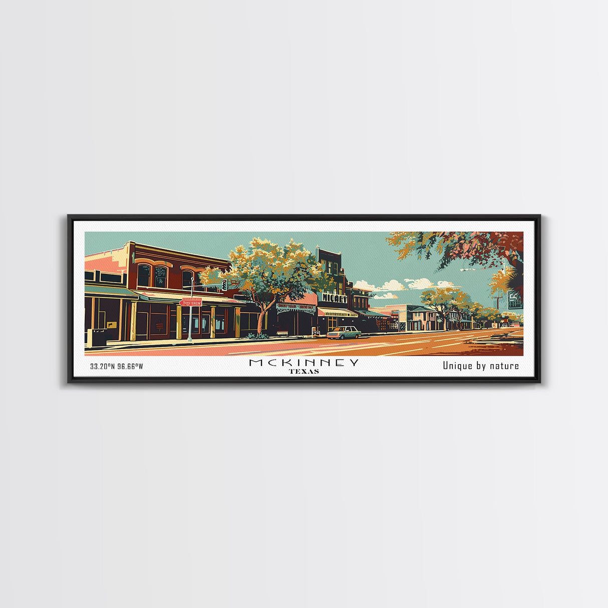 McKinney Texas Panoramic Painting, Mid Century Modern Framed Canvas Print, Retro Pop Art Travel Poster, Living Room Wall Decor