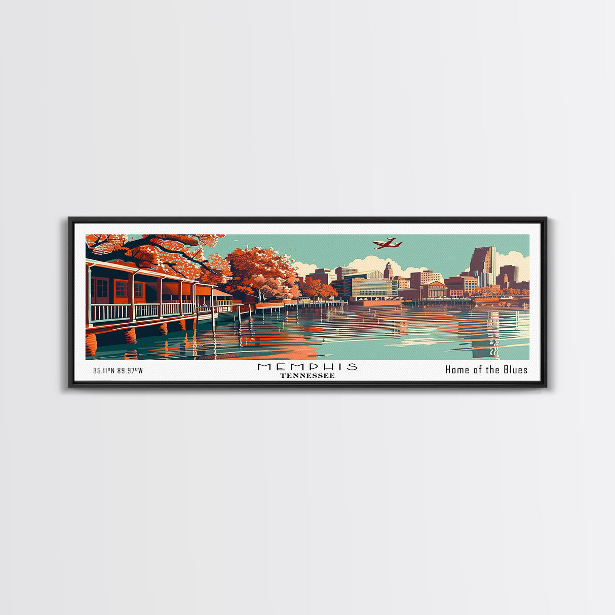 Memphis Tennessee Panoramic Wall Art, Mid Century Modern Framed Canvas Print, Retro Pop Art Travel Poster, Office Decor, Cityscape Art