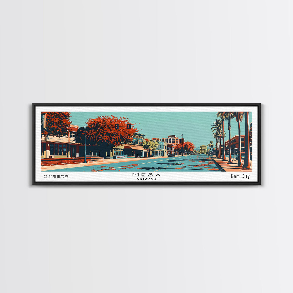 Mesa Arizona Panoramic Painting, Mid Century Modern Framed Canvas Print, Retro Pop Art Travel Poster, Living Room Decor, Gift Idea