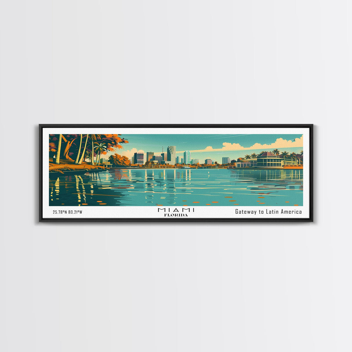 Miami Florida Panoramic View, Mid Century Modern Framed Canvas Print, Retro Pop Art Travel Poster, Home Decor, City Art