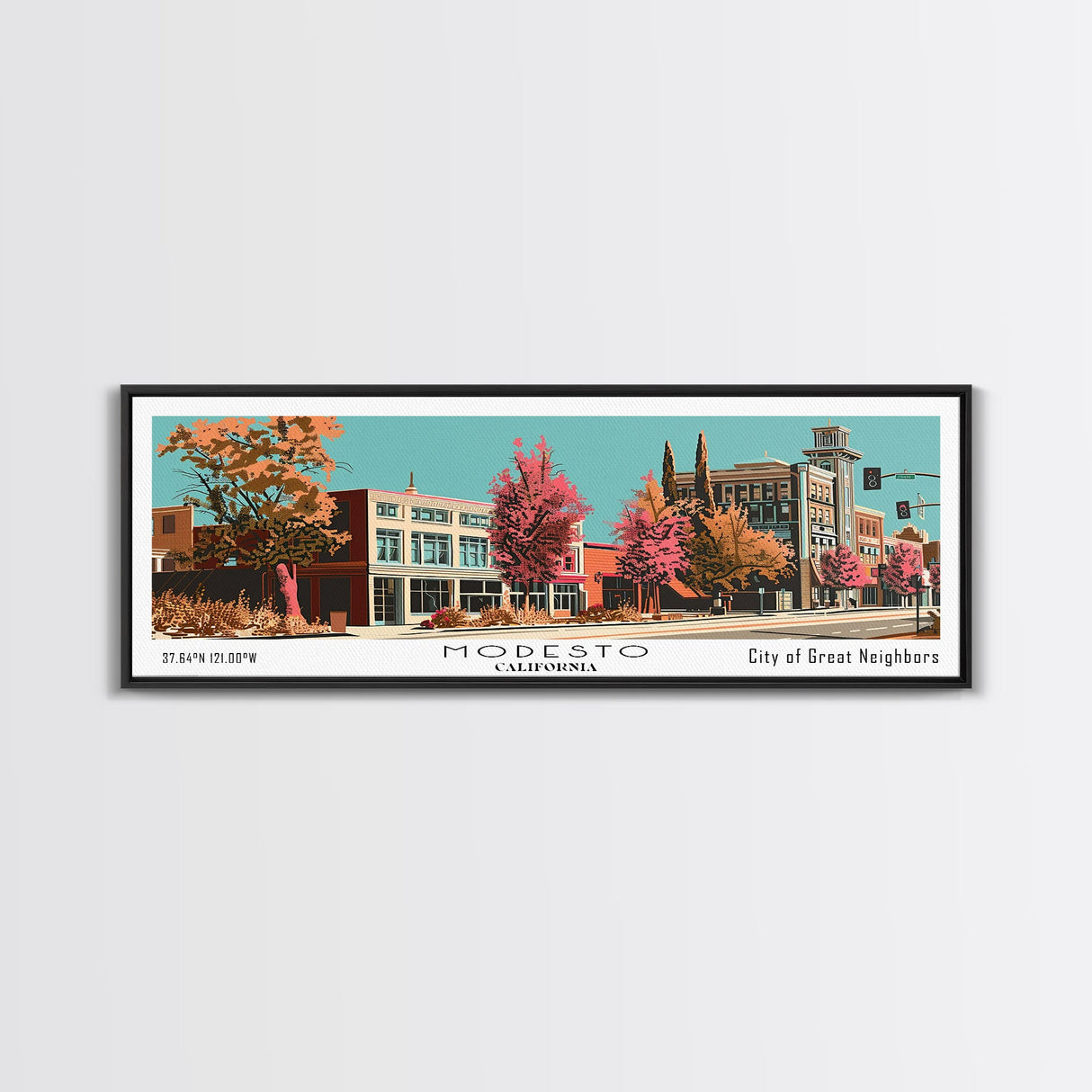 Modesto California Panoramic Wall Art, Mid Century Modern Framed Canvas Print, Retro Pop Art Travel Poster, Office Decor, Living Room Art