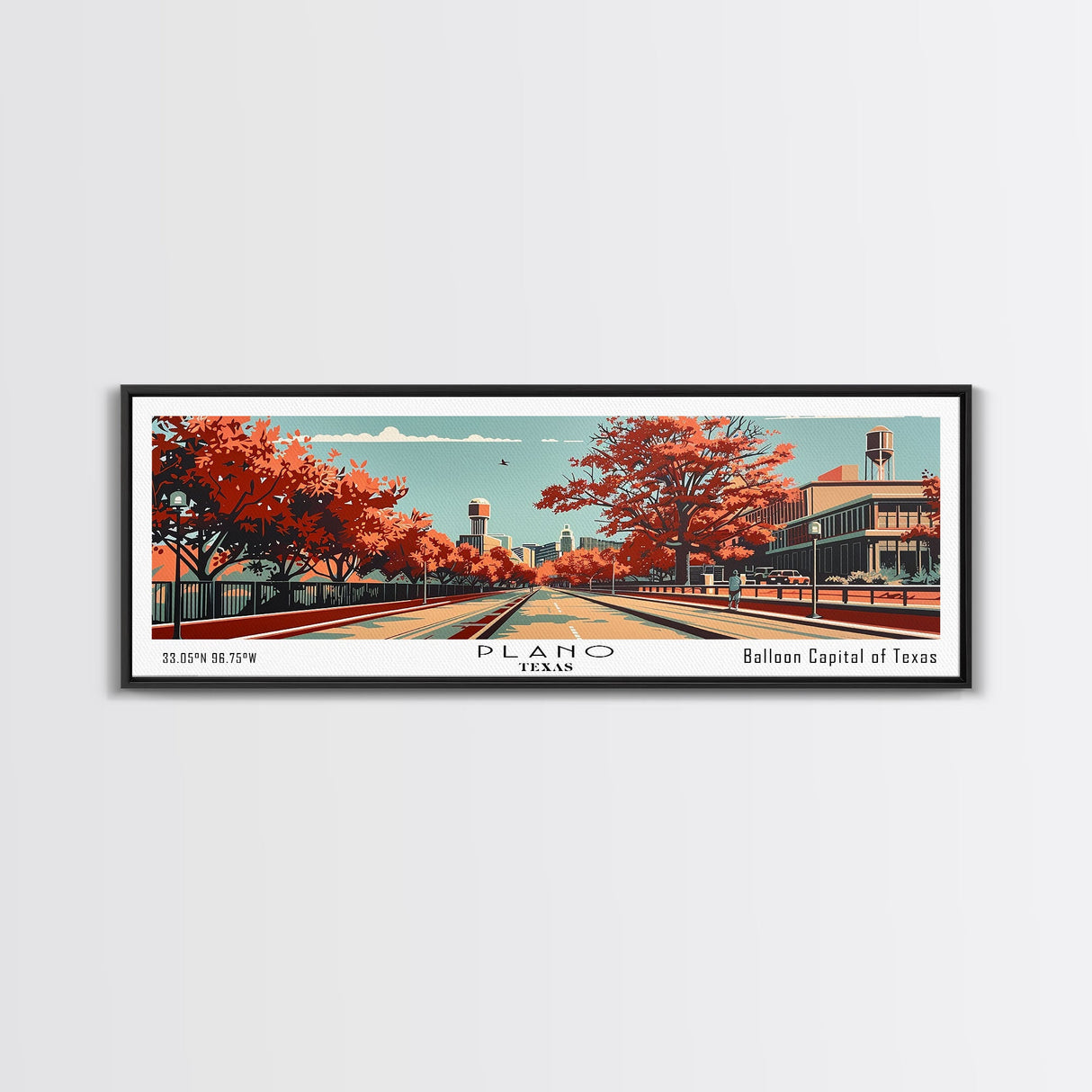 Plano Texas Panoramic Painting, Mid Century Modern Framed Canvas Print, Retro Pop Art Travel Poster, Living Room Decor, City Art