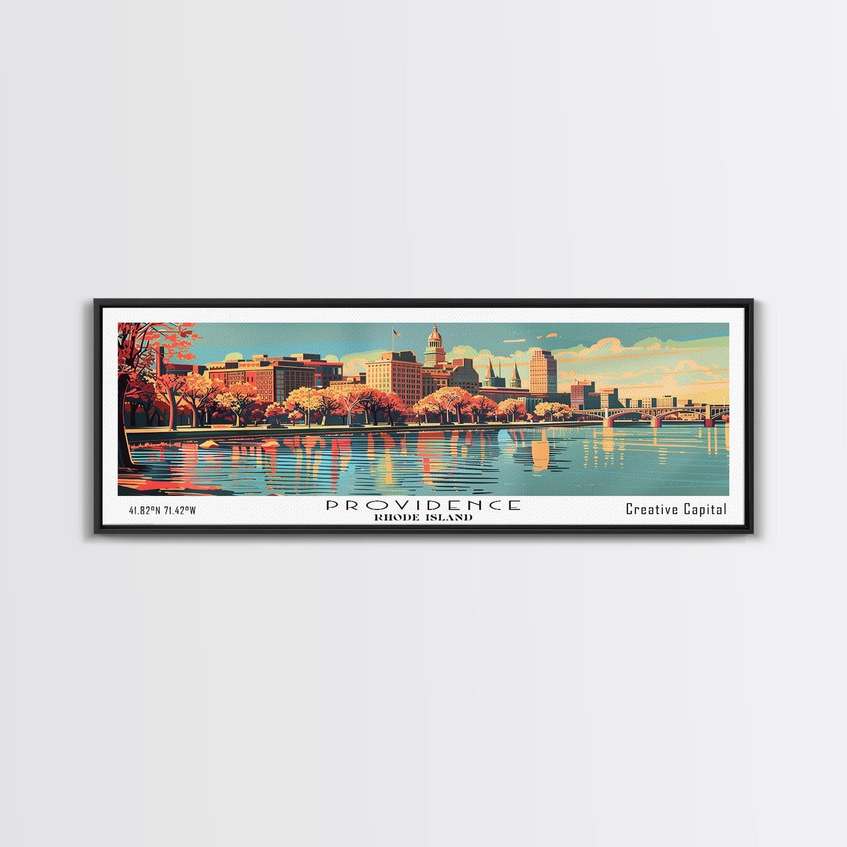 Providence Rhode Island Panoramic View, Mid Century Modern Framed Canvas Print, Retro Pop Art Travel Poster, Living Room Wall Decor