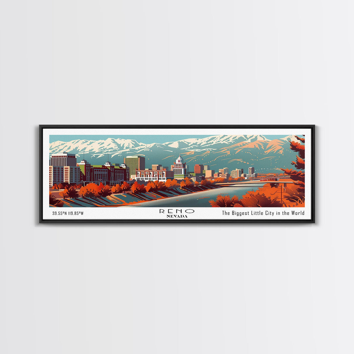 Reno Nevada Panoramic Painting, Mid Century Modern Framed Canvas Print, Retro Pop Art Travel Poster, Living Room Wall Decor