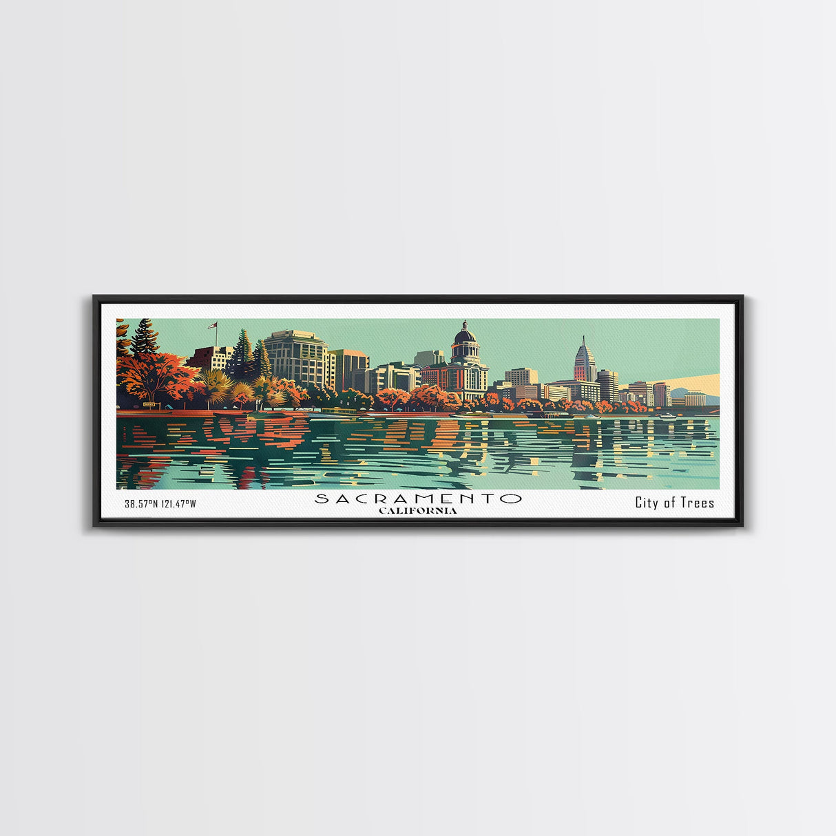 Sacramento California Panoramic Painting, Mid Century Modern Framed Canvas Print, Retro Pop Art Travel Poster, Cityscape, Home Decor, Office Wall Art