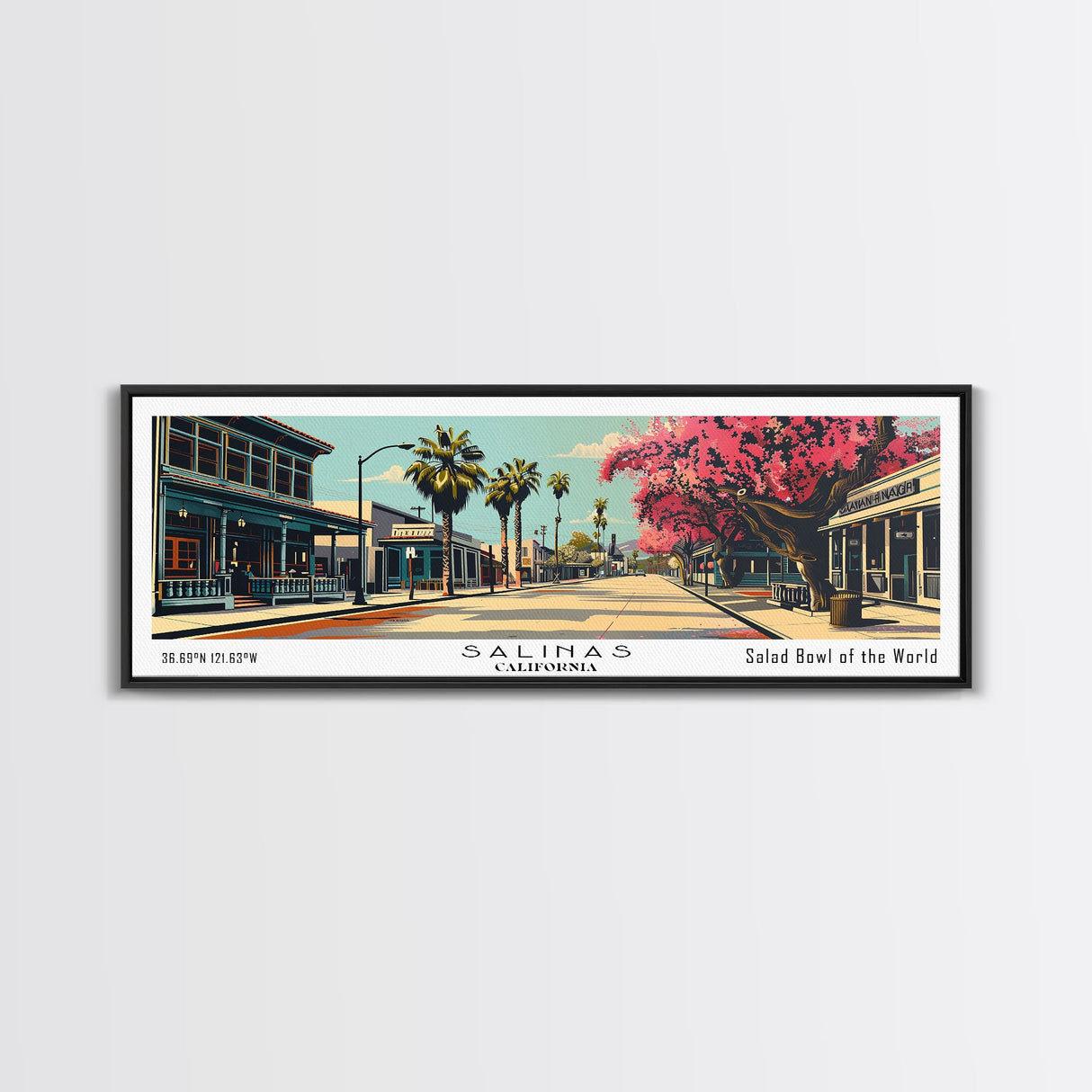 Salinas California Panoramic Painting, Mid Century Modern Framed Canvas Print, Retro Pop Art Travel Poster, Cityscape, Home Decor, Office Wall Art