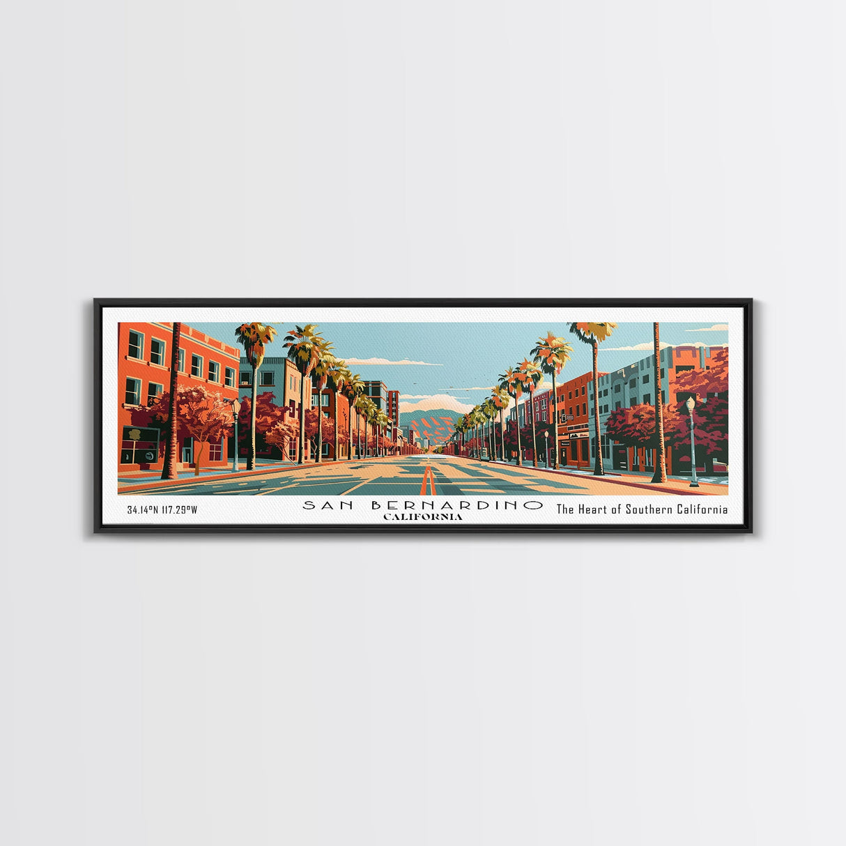 San Bernardino California Panoramic Painting, Mid Century Modern Framed Canvas Print, Retro Pop Art Travel Poster, Cityscape, Home Decor, Office Wall Art