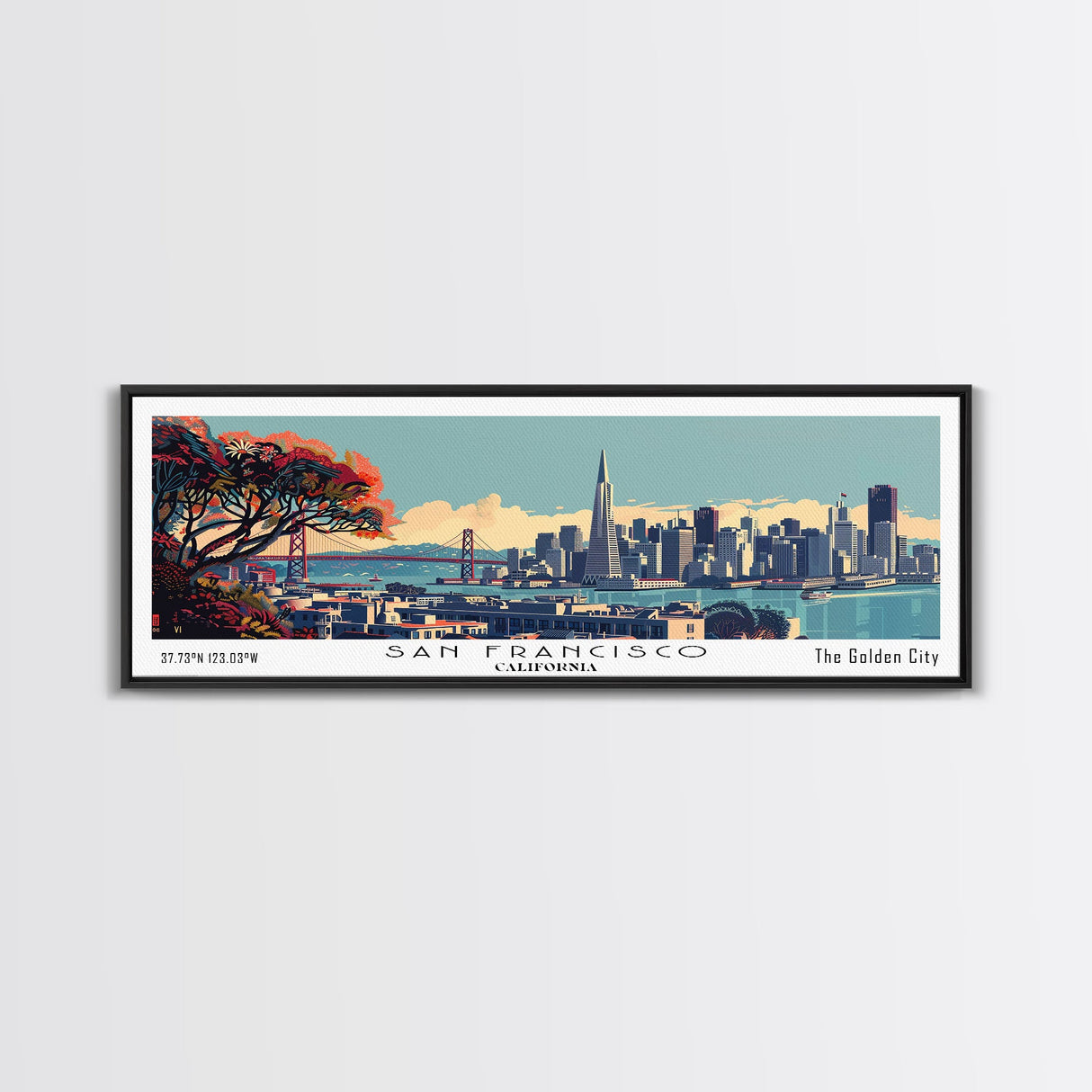 San Francisco California Panoramic Wall Art, Mid Century Modern Framed Canvas Print, Retro Pop Art Cityscape, Travel Poster, Living Room Decor