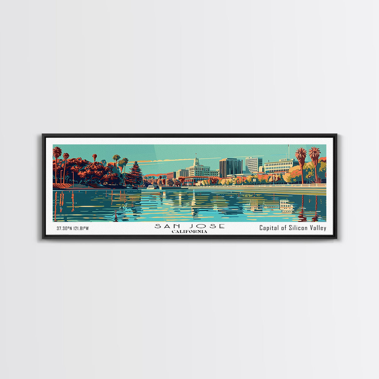 San Jose California Panoramic Painting, Mid Century Modern Framed Canvas Print, Retro Pop Art Travel Poster, Cityscape, Home Decor, Office Wall Art