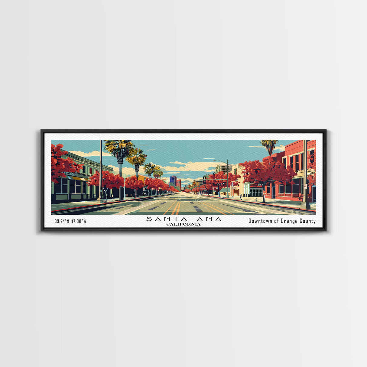 Santa Ana California Panoramic Wall Art, Mid Century Modern Framed Canvas Print, Retro Pop Art Cityscape, Travel Poster, Living Room Decor