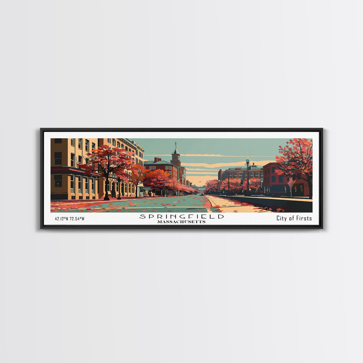 Springfield Massachusetts Panoramic Wall Art, Mid Century Modern Framed Canvas Print, Retro Pop Art Cityscape, Travel Poster, Living Room Decor