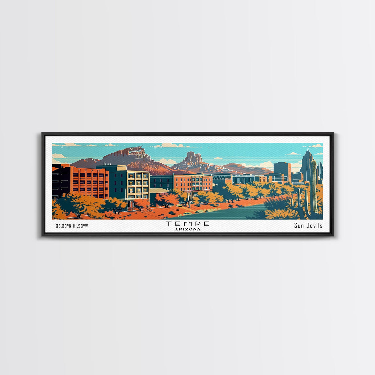 Tempe Arizona Panoramic Painting, Mid Century Modern Framed Canvas Print, Retro Pop Art Travel Poster, Cityscape, Home Decor, Office Wall Art