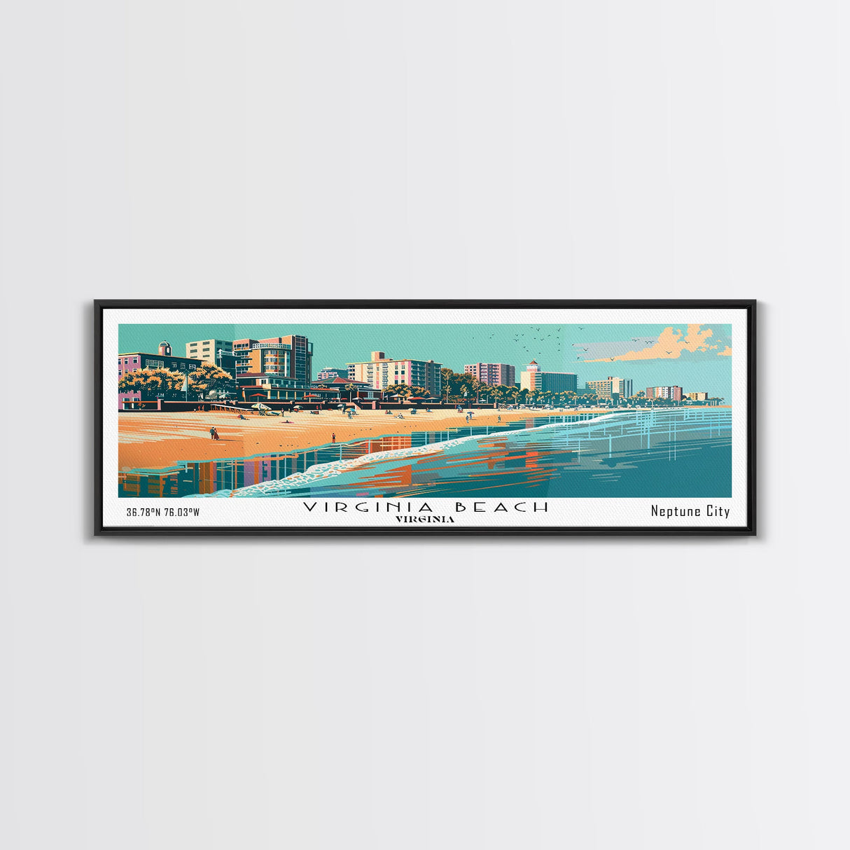 Virginia Beach Virginia Panoramic Wall Art, Mid Century Modern Framed Canvas Print, Retro Pop Art Travel Poster, Beach City Art, Home Office Decor