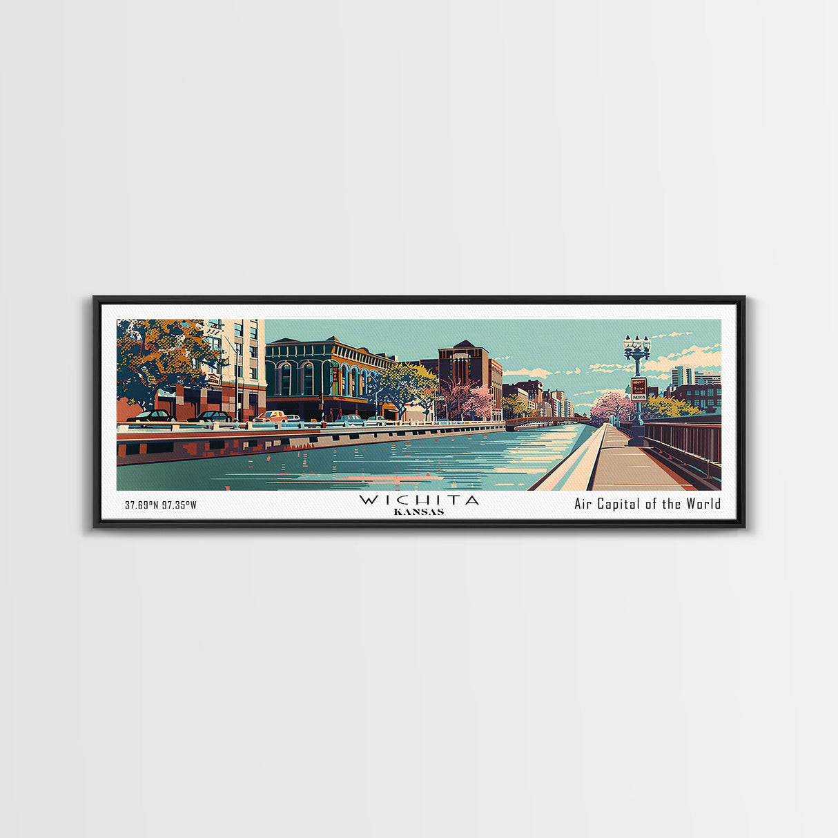 Wichita Kansas Panoramic Wall Art, Mid Century Modern Framed Canvas Print, Retro Pop Art Travel Poster, Cityscape Decor, Office Wall Art