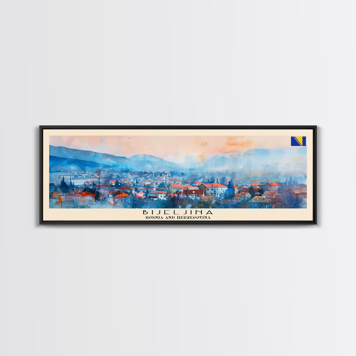 Bijeljina Bosnia Panoramic Travel Poster, Framed Canvas Print or Metal Wall Art, Travel Art, Home Decor, Panoramic Painting, Midcentury Art