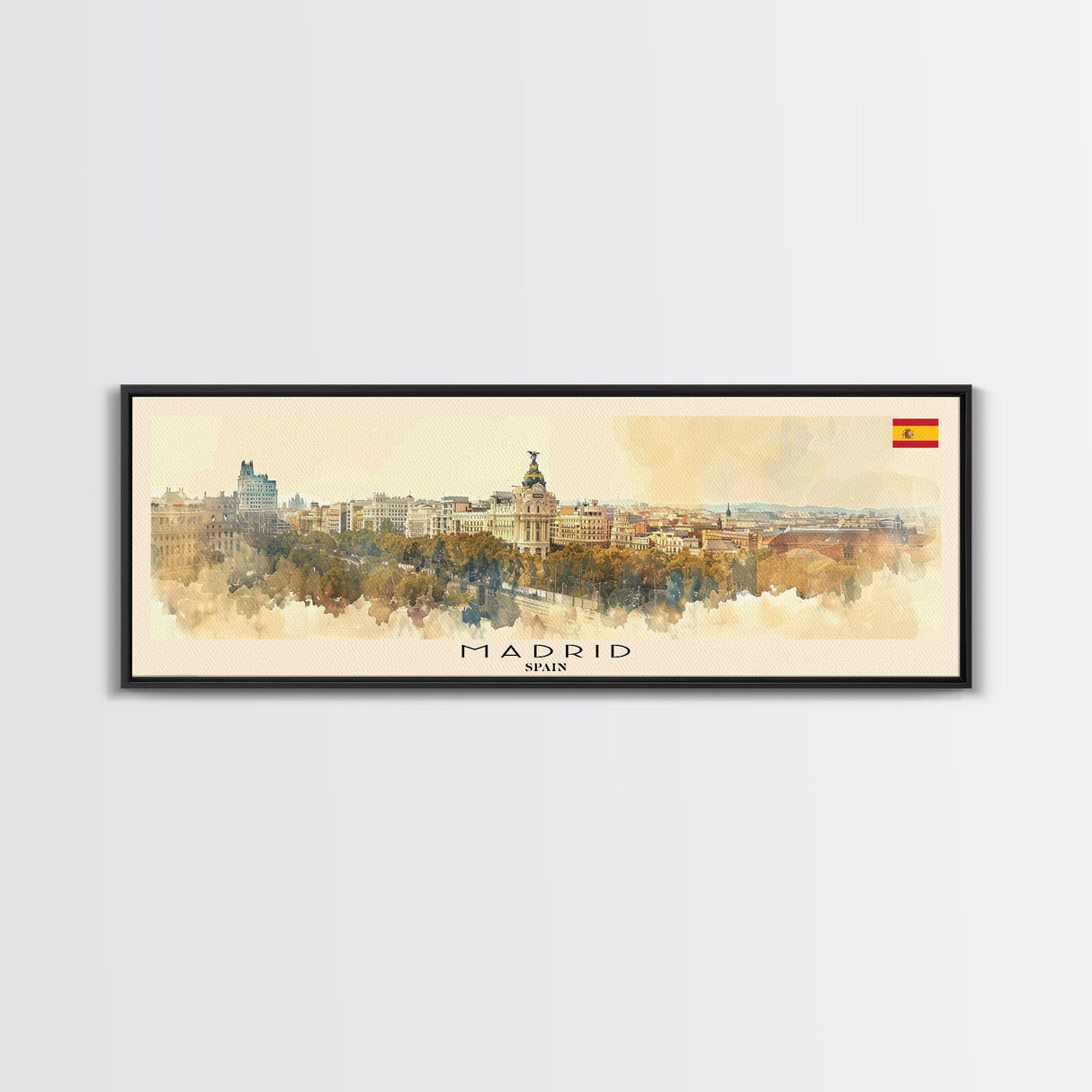 Madrid Spain Panoramic Travel Poster, Framed Canvas Print or Metal Wall Art, Travel Art, Home Decor, Panoramic Painting, Midcentury Art