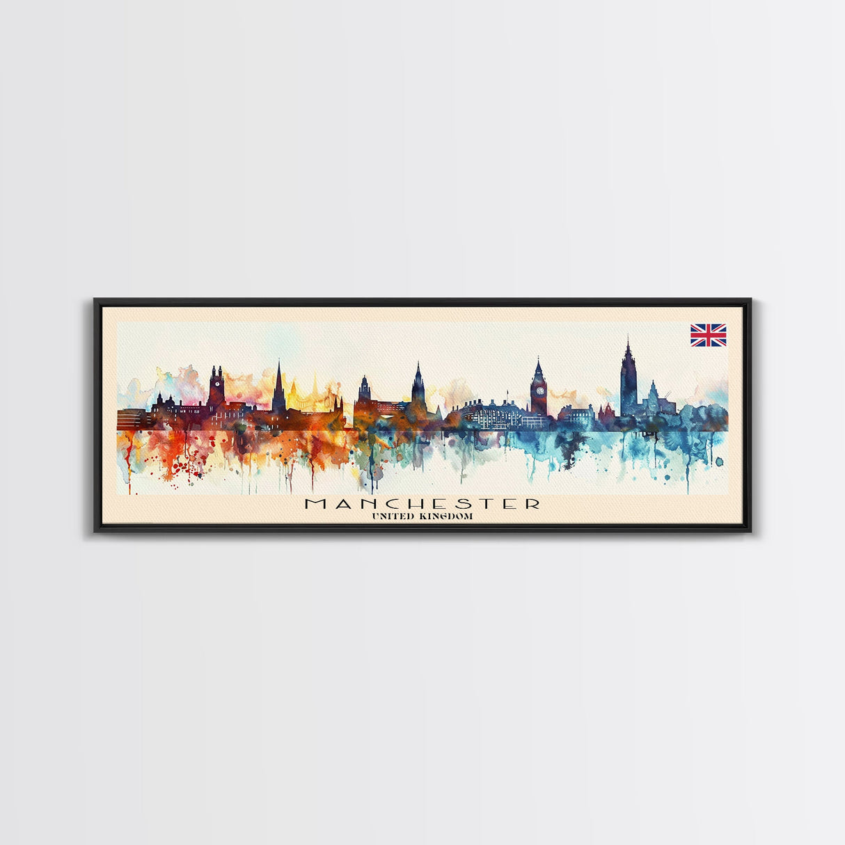 Manchester United Kingdom Panoramic Travel Poster, Framed Canvas Print or Metal Wall Art, Travel Art, Home Decor, Panoramic Painting, Midcentury Art