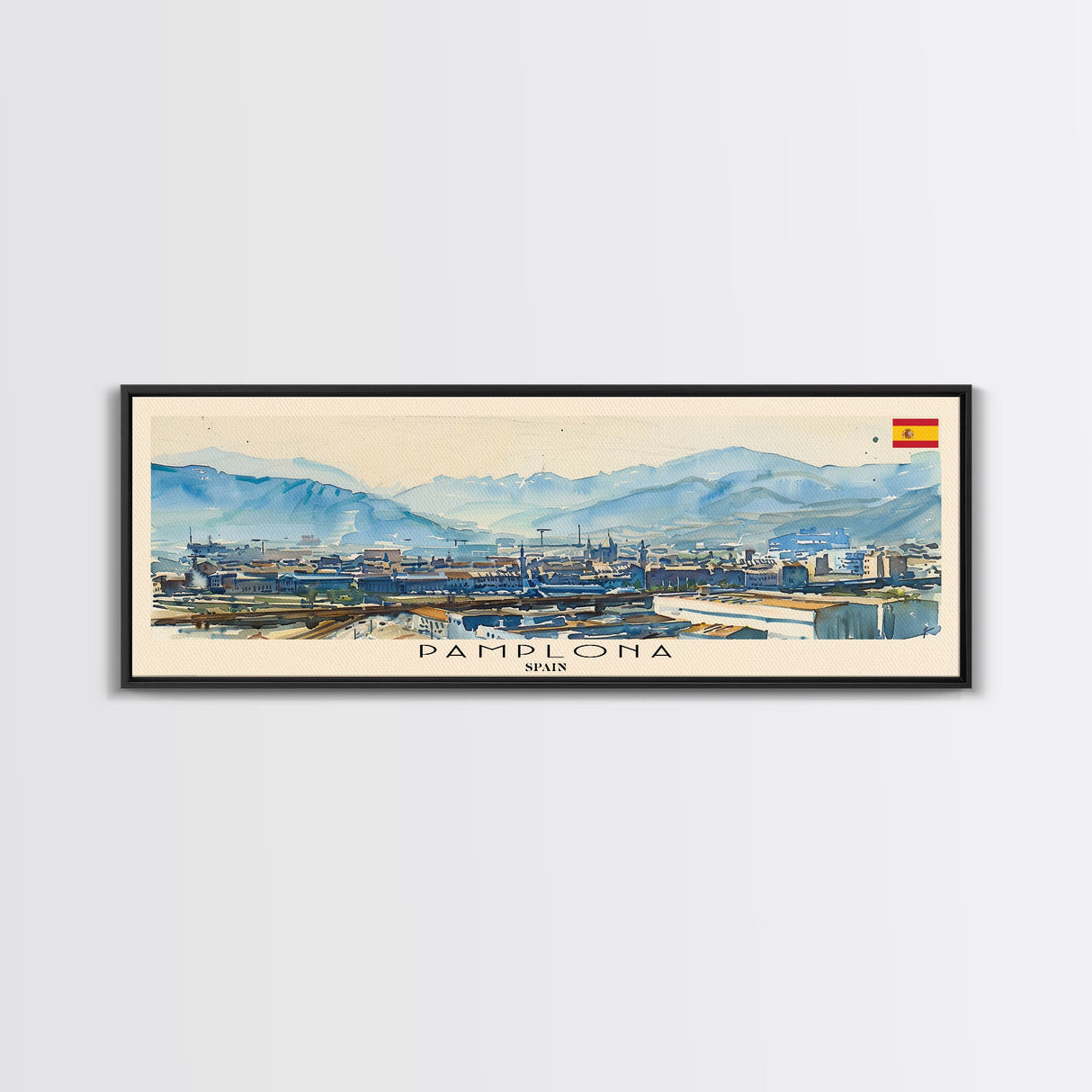 Pamplona Spain Panoramic Travel Poster, Framed Canvas Print or Metal Wall Art, Travel Art, Home Decor, Panoramic Painting, Midcentury Art