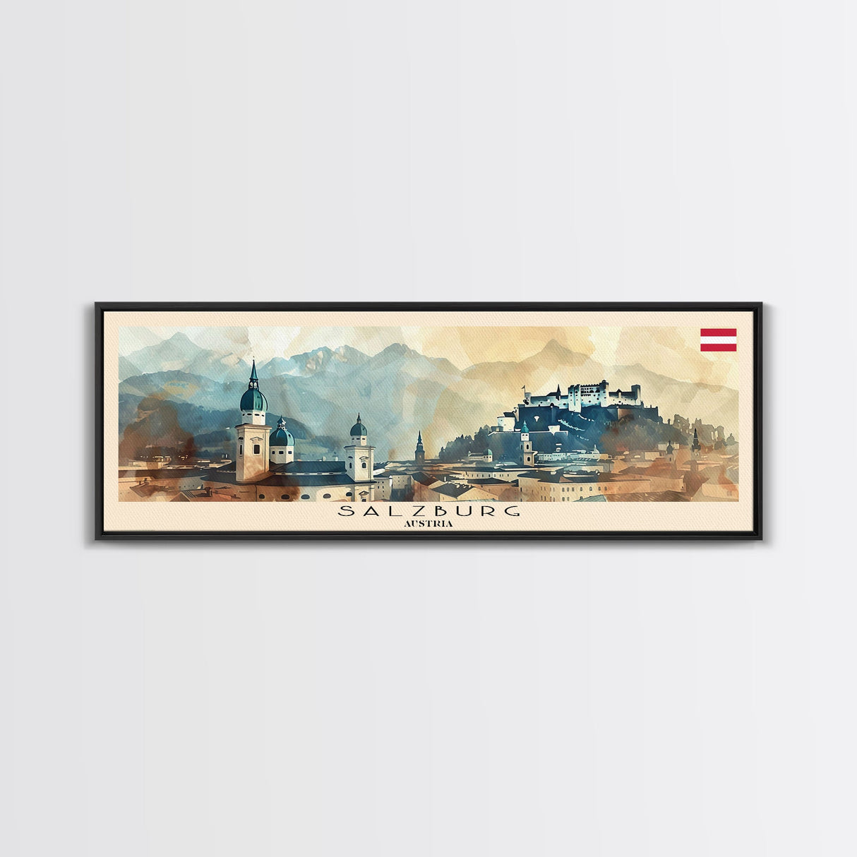 Salzburg Austria Panoramic Travel Poster, Framed Canvas Print or Metal Wall Art, Travel Art, Home Decor, Panoramic Painting, Midcentury Art