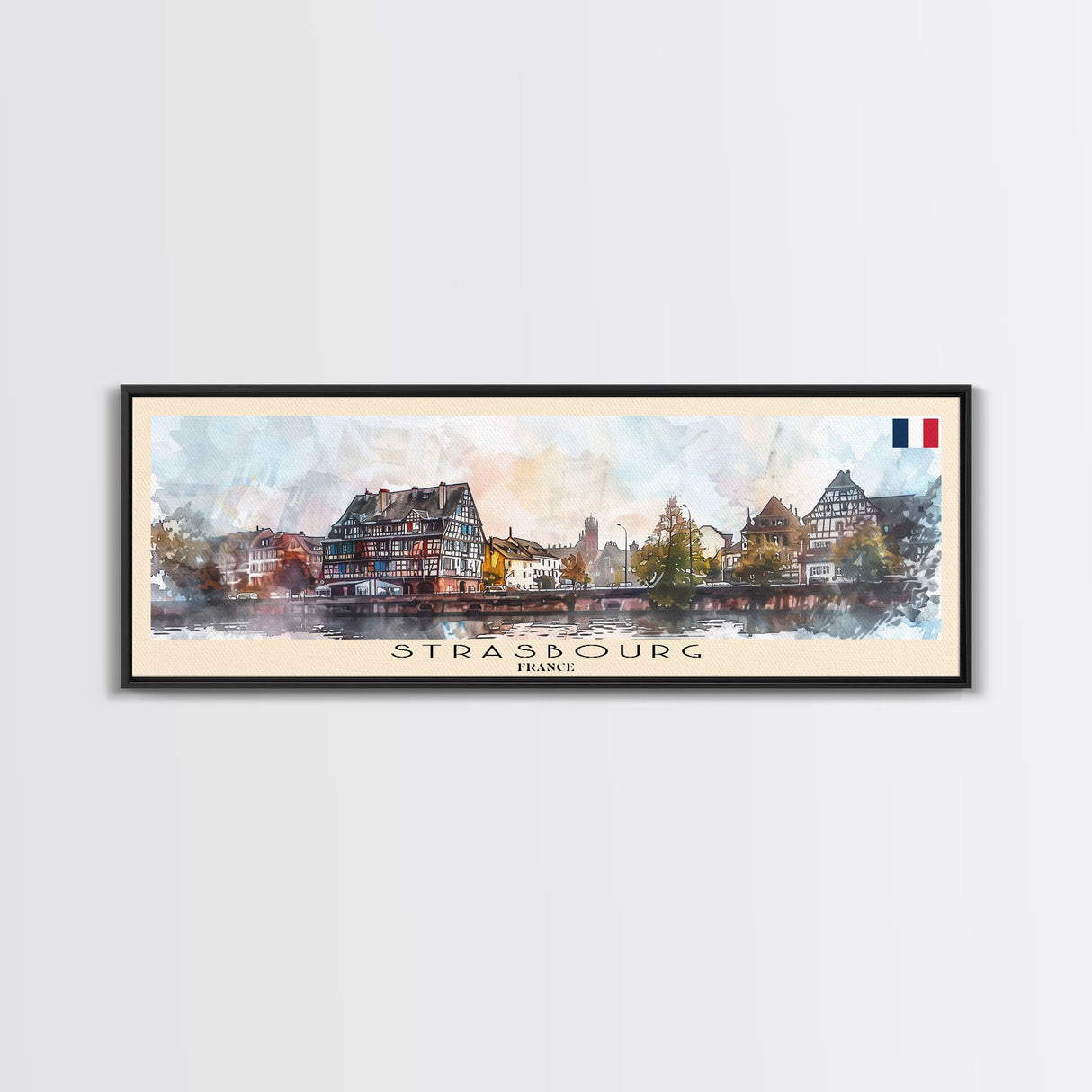 Strasbourg France Panoramic Travel Poster, Framed Canvas Print or Metal Wall Art, Travel Art, Home Decor, Panoramic Painting, Midcentury Art