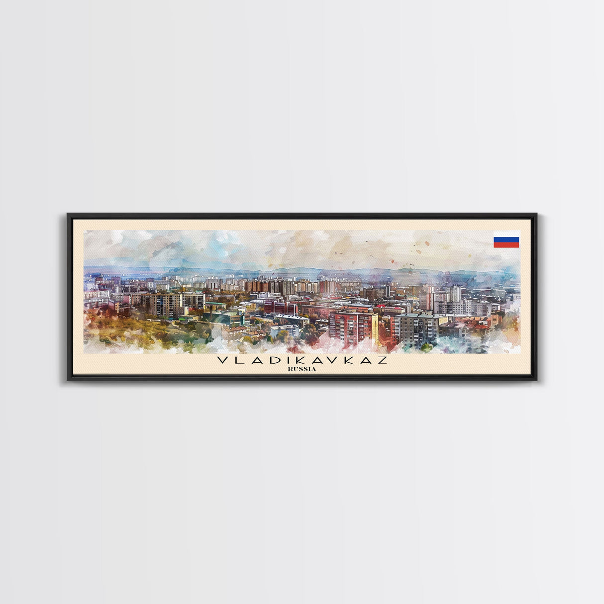 Vladikavkaz Russia Panoramic Travel Poster, Framed Canvas Print or Metal Wall Art, Travel Art, Home Decor, Panoramic Painting, Midcentury Art