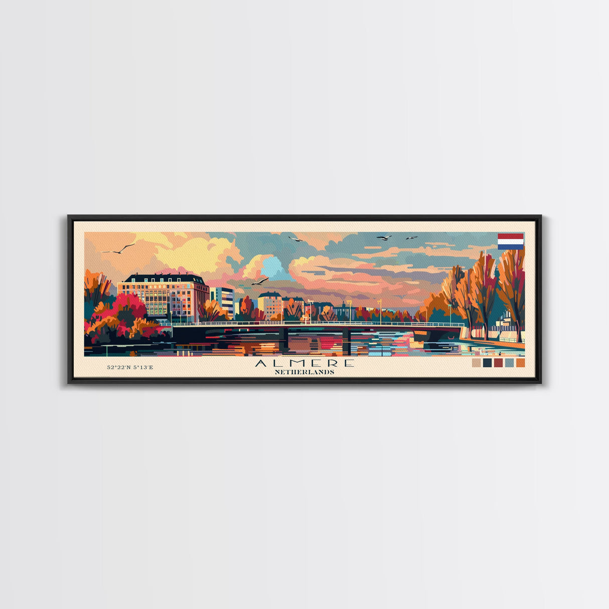 Almere Netherlands Panoramic Travel Poster, Framed Canvas Print or Metal Wall Art, Travel Art, Home Decor, Panoramic Painting, Midcentury Art