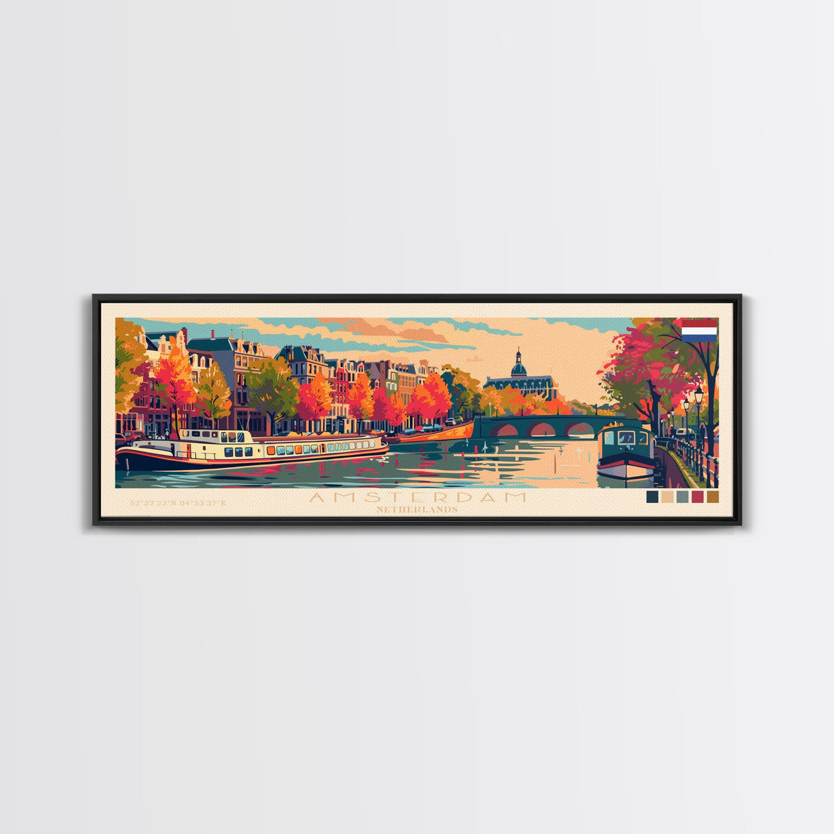 Amsterdam Netherlands Travel Art, City Art, Framed Canvas Print or Metal Wall Art, Europe Travel Poster, Panoramic Wall Art, Extra Wide Wall Art