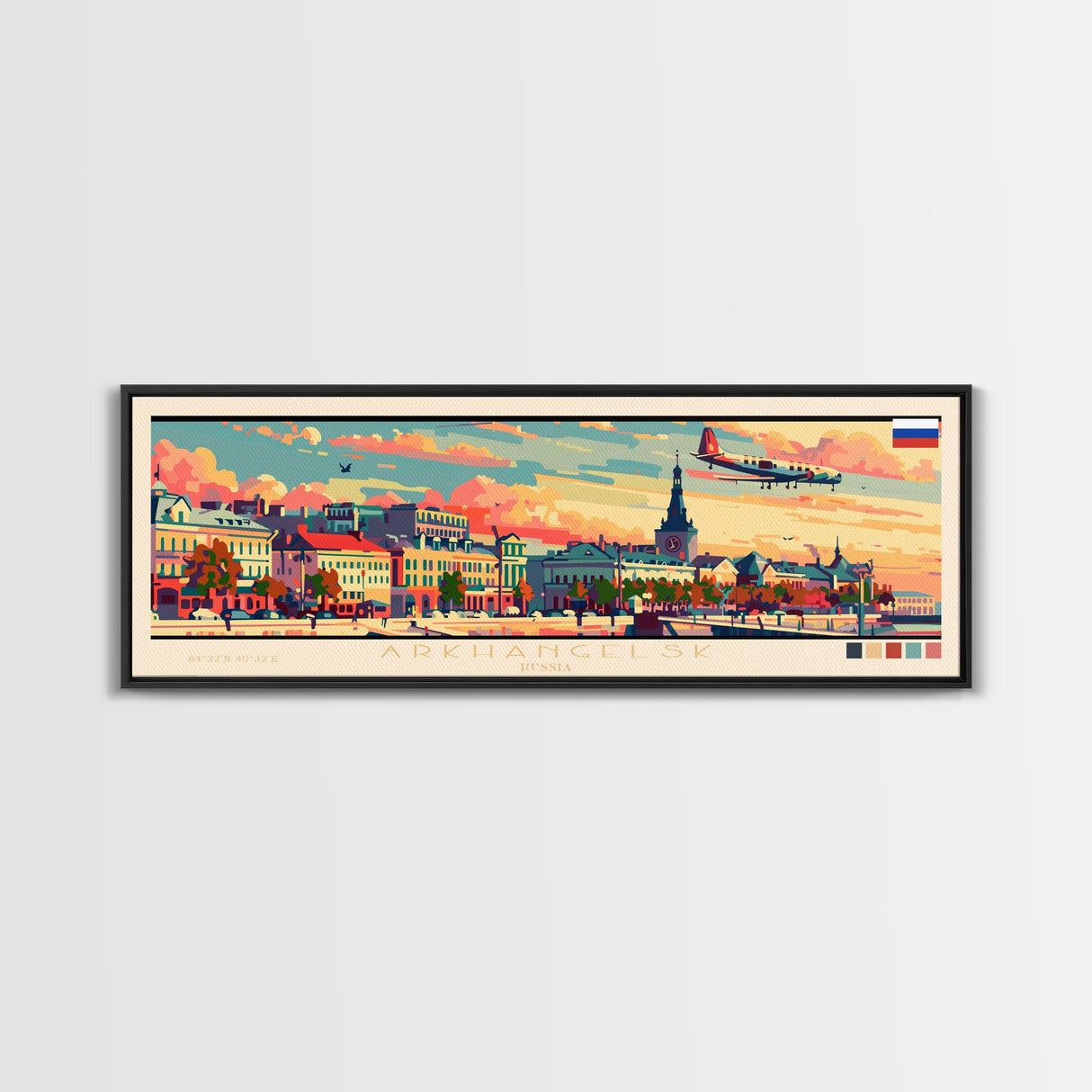 Arkhangelsk Russia Panoramic Travel Poster, Framed Canvas Print or Metal Wall Art, Travel Art, Home Decor, Panoramic Painting, Midcentury Art