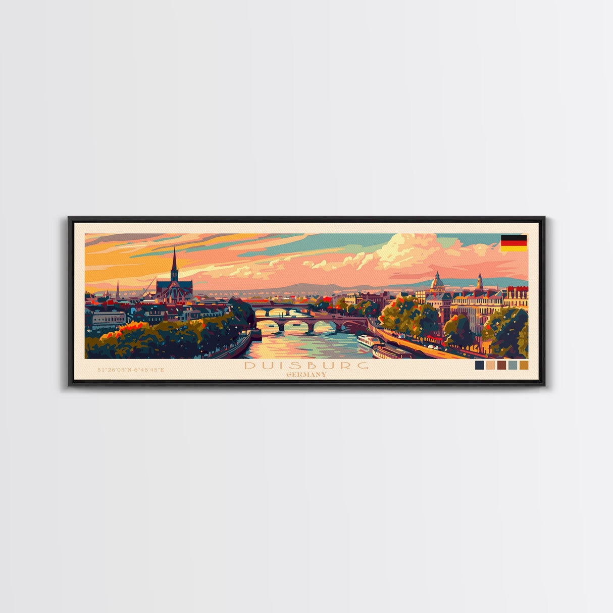 Duisburg Germany  Wall Art, Panoramic Travel Poster, Panoramic Framed Canvas Print, City Wall Art, Wall Hanging Home Decor, Travel Art