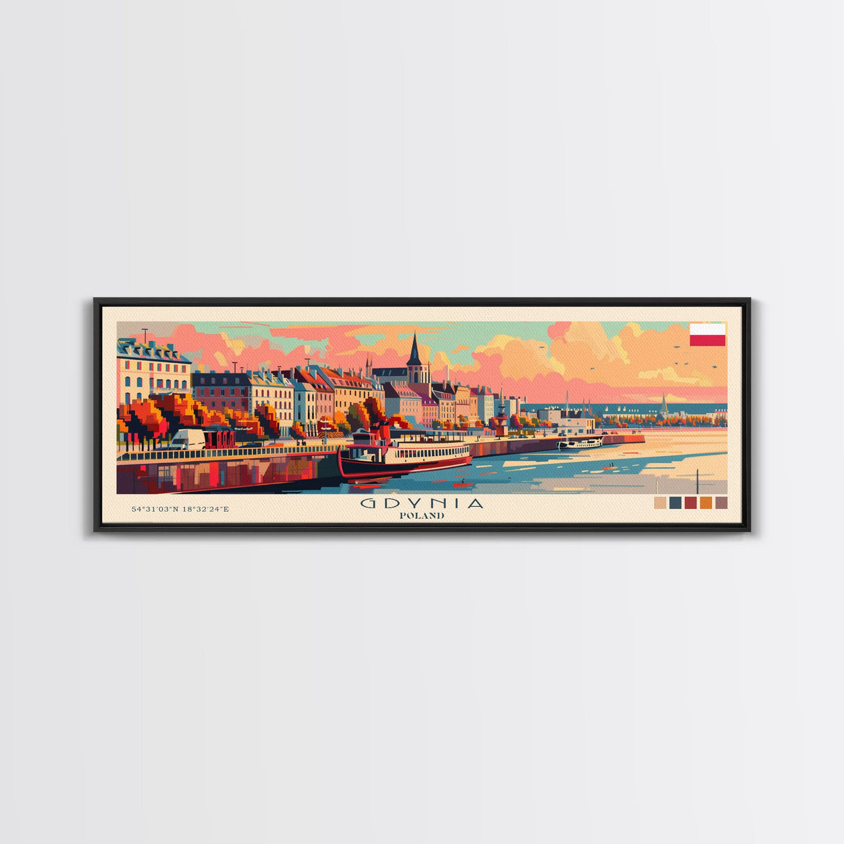 Gdynia Poland Travel Art, City Art, Framed Canvas Print or Metal Wall Art, Europe Travel Poster, Panoramic Wall Art, Extra Wide Wall Art