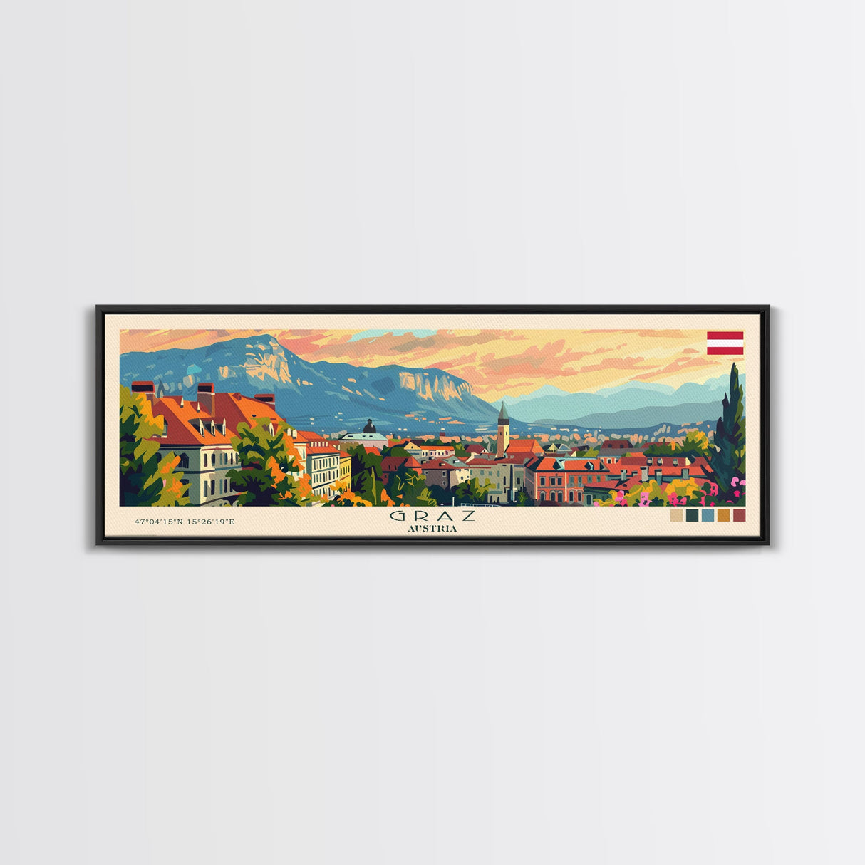 Graz Austria Wall Art, Panoramic Travel Poster, Panoramic Framed Canvas Print, City Wall Art, Wall Hanging Home Decor, Travel Art