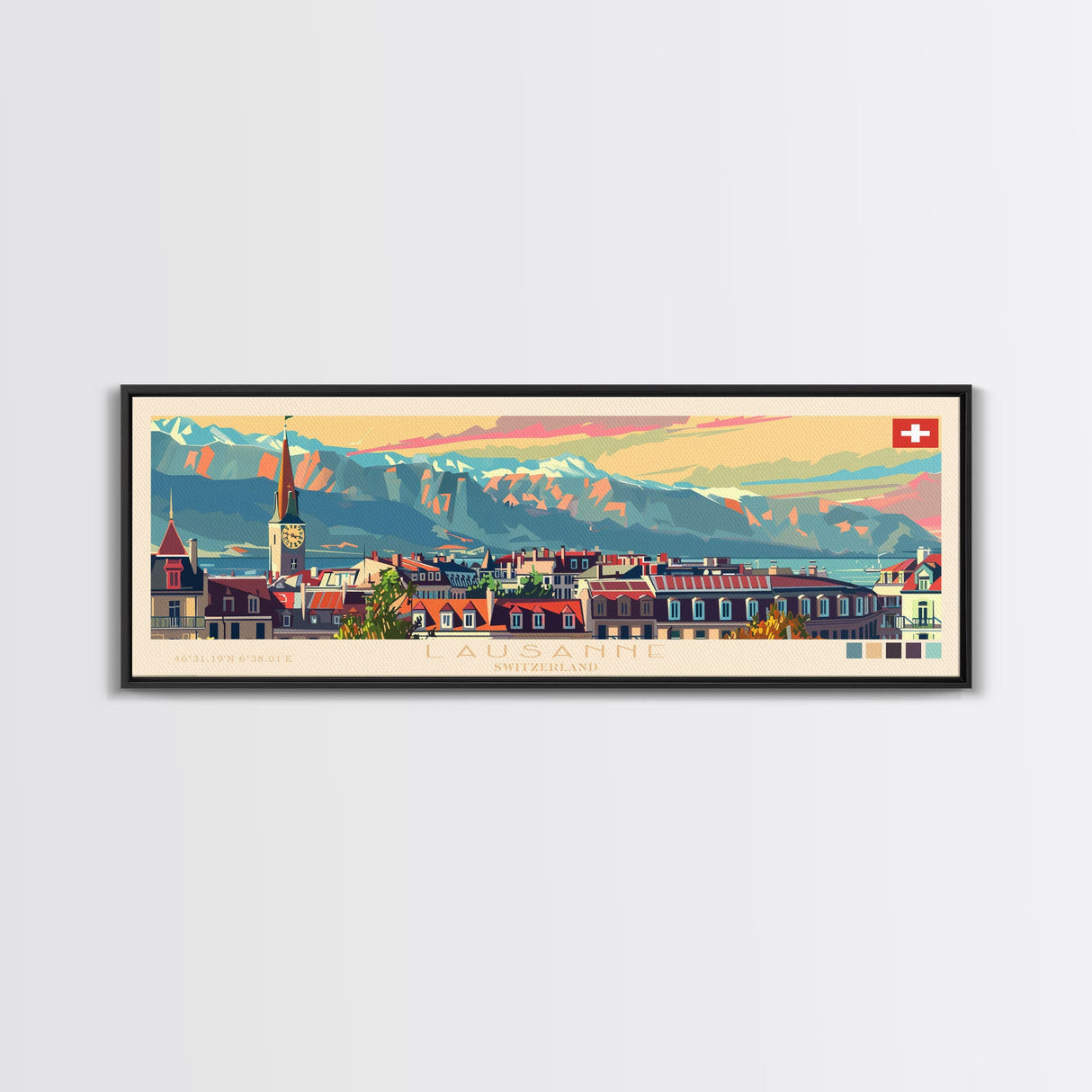 Lausanne Switzerland Travel Art, City Art, Framed Canvas Print or Metal Wall Art, Europe Travel Poster, Panoramic Wall Art, Extra Wide Wall Art