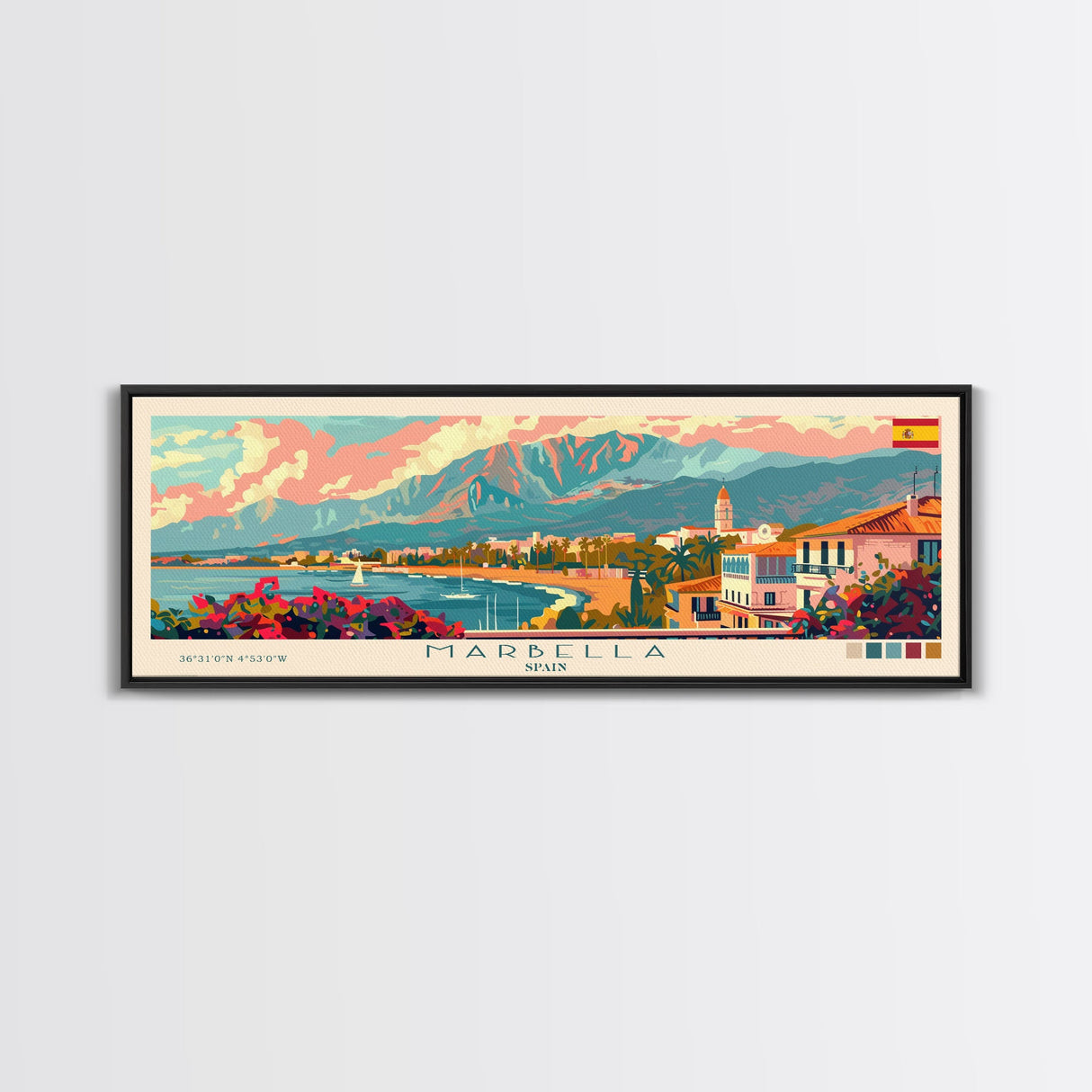 Marbella Spain Travel Art, City Art, Framed Canvas Print or Metal Wall Art, Europe Travel Poster, Panoramic Wall Art, Extra Wide Wall Art