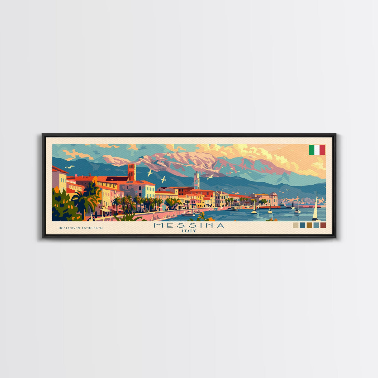 Messina Italy Travel Print Wall Art, Panoramic City Art, Travel Art, Wall Decor, Vacation Gift, Framed Canvas Print Or Metal Art