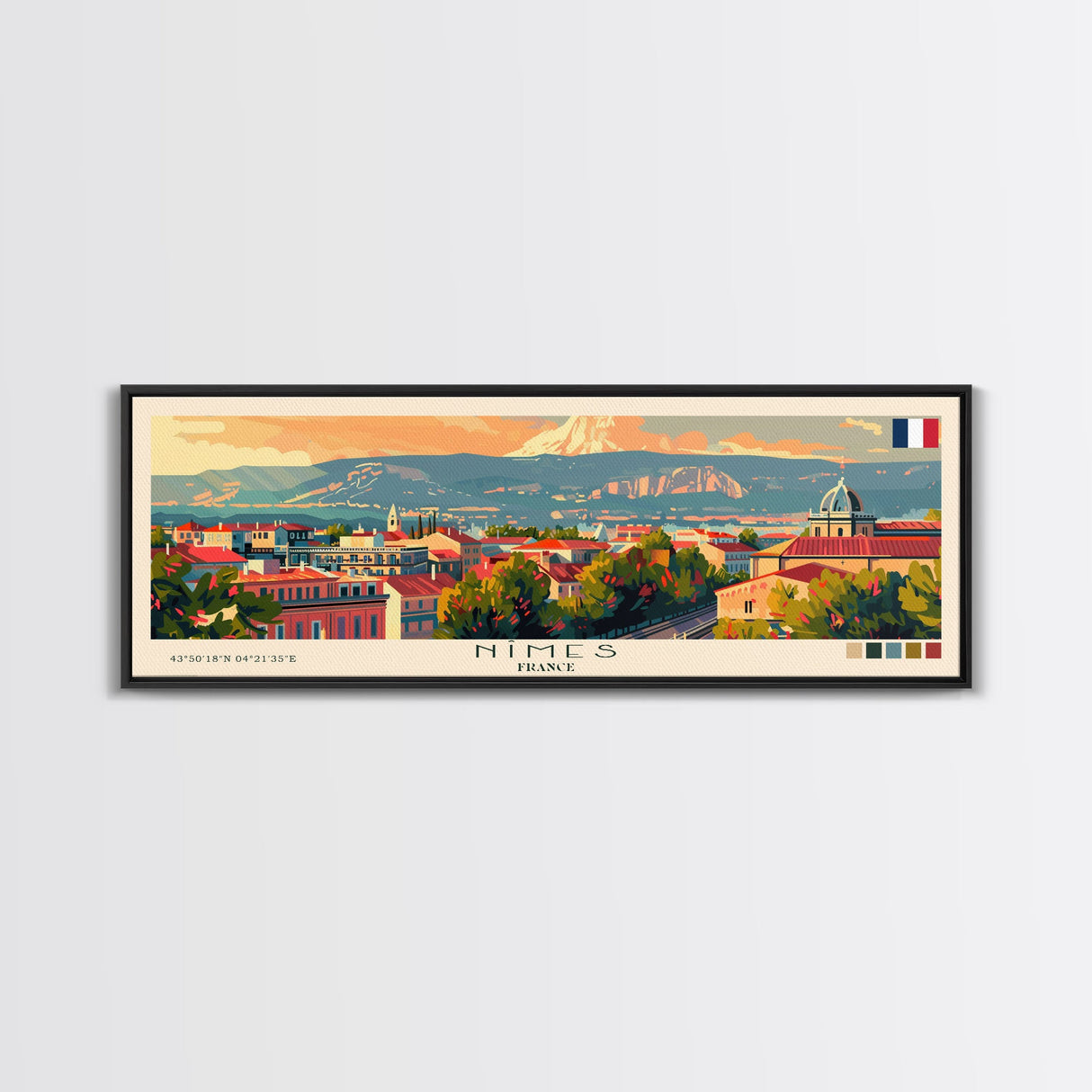 Nimes France Travel Art, City Art, Framed Canvas Print or Metal Wall Art, Europe Travel Poster, Panoramic Wall Art, Extra Wide Wall Art