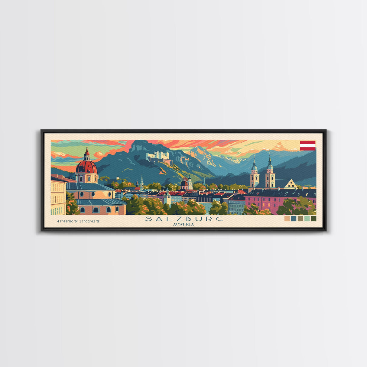 Salzburg Austria Panoramic Travel Poster, Framed Canvas Print or Metal Wall Art, Travel Art, Home Decor, Panoramic Painting, Midcentury Art