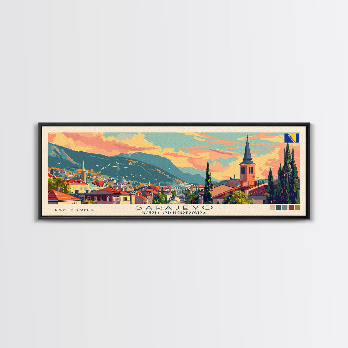 Sarajevo Bosnia Travel Art, City Art, Framed Canvas Print or Metal Wall Art, Europe Travel Poster, Panoramic Wall Art, Extra Wide Wall Art