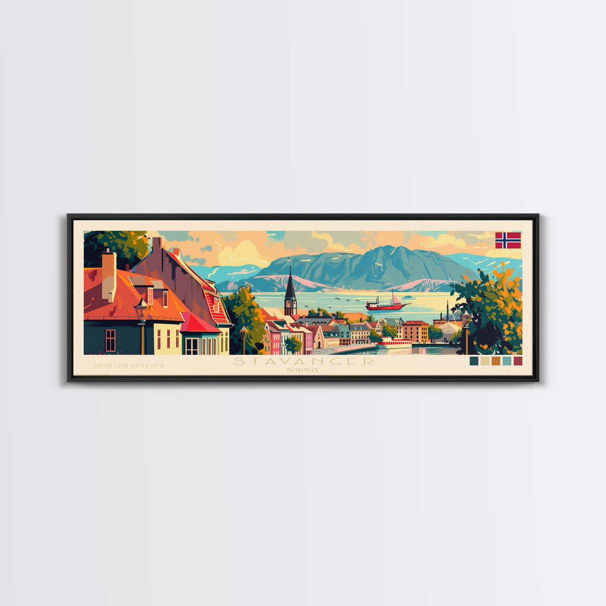 Stavanger Norway Travel Art, City Art, Framed Canvas Print or Metal Wall Art, Europe Travel Poster, Panoramic Wall Art, Extra Wide Wall Art