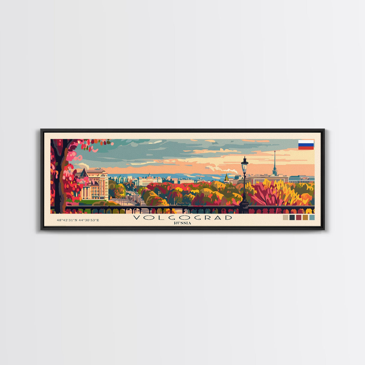 Volgograd Russia Panoramic Travel Poster, Framed Canvas Print or Metal Wall Art, Travel Art, Home Decor, Panoramic Painting, Midcentury Art