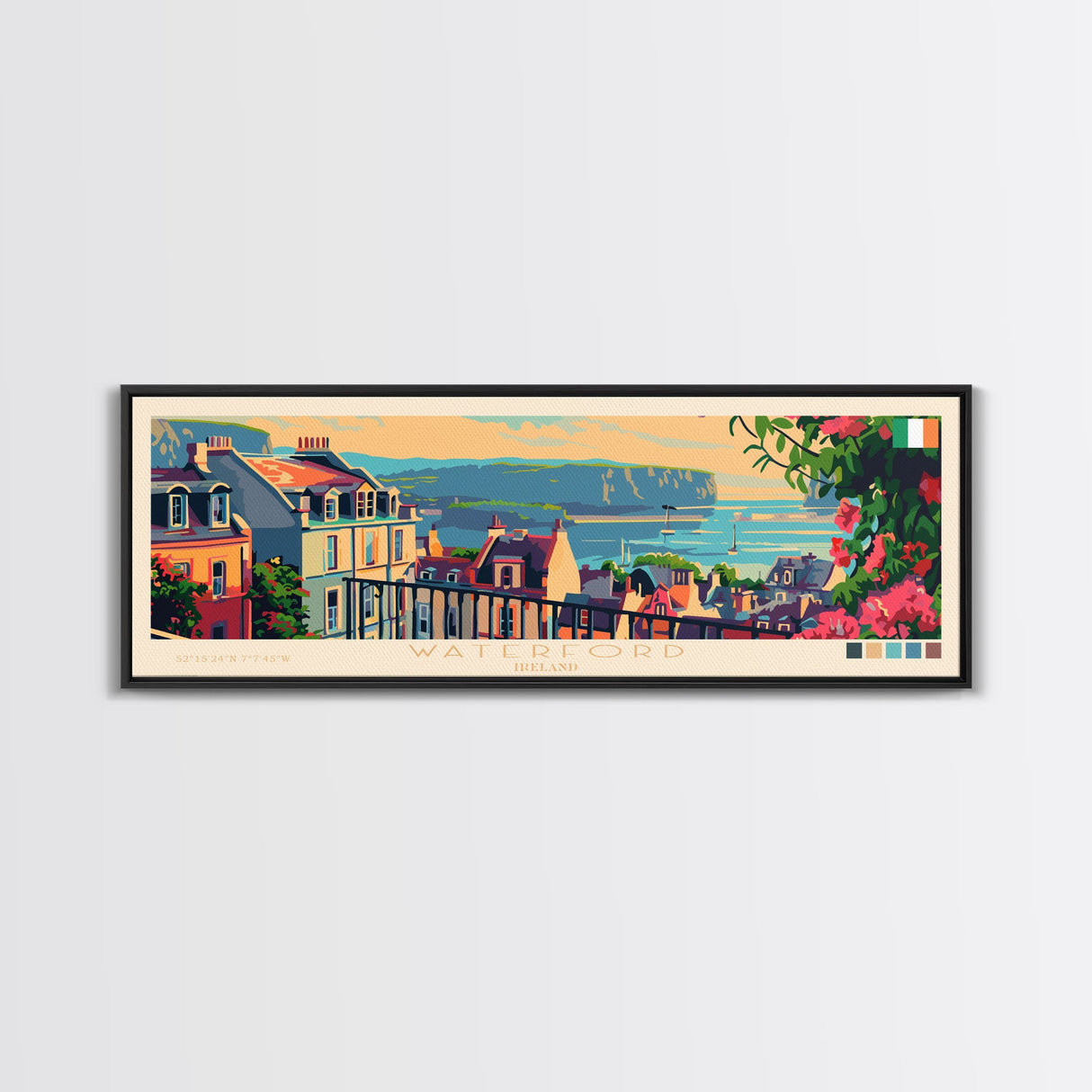 Waterford Ireland Panoramic Travel Poster, Framed Canvas Print or Metal Wall Art, Travel Art, Home Decor, Panoramic Painting, Midcentury Art