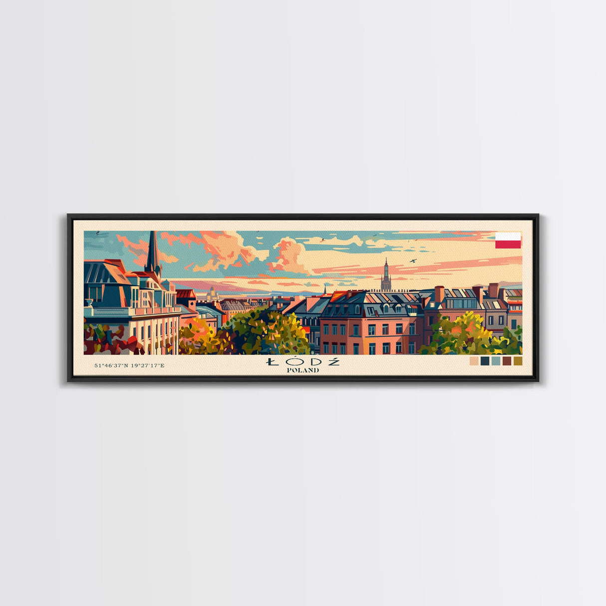 Łódź Poland Art, City Art, Framed Canvas Print or Metal Wall Art, Europe Travel Poster, Panoramic Wall Art, Extra Wide Wall Art