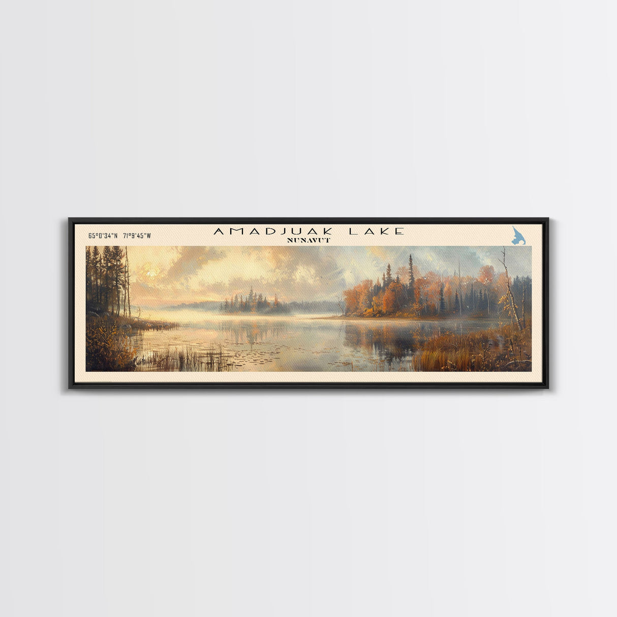 Amadjuak Lake Panoramic Framed Canvas Print, Lake House Decor, Minimalist Art, Travel Poster, Scenic View, Nature Wall Art