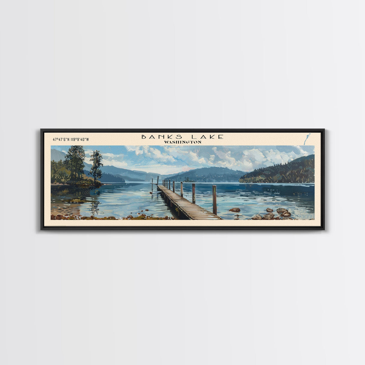 Banks Lake Washington Panoramic Framed Canvas Print, Lake House Decor, Rustic Art, Travel Poster, Scenic View, Home Decoration