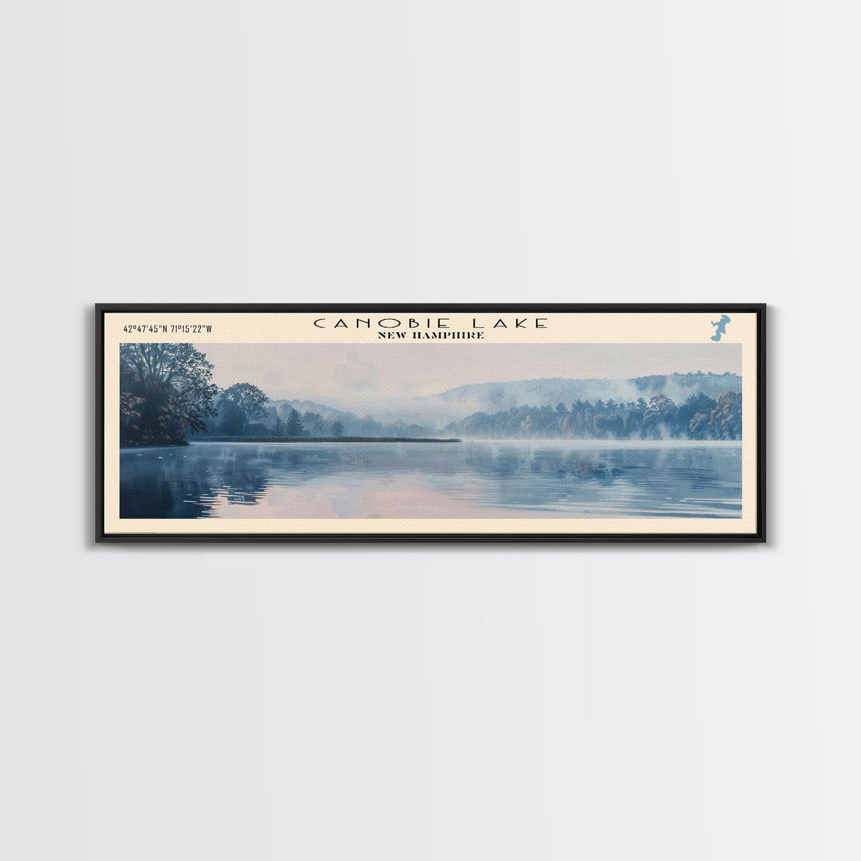 Canobie Lake New Hampshire Framed Canvas Print, Panoramic Lake House Art, Wall Art, Travel Poster, Modern Lake Painting, Nature Art