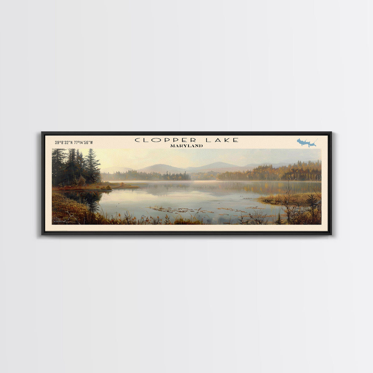 Cobbosseecontee Lake Maine Framed Canvas Print, Panoramic Lake House Decor, Wide Wall Art, Travel Poster, Rustic Lake Painting, Nature Art