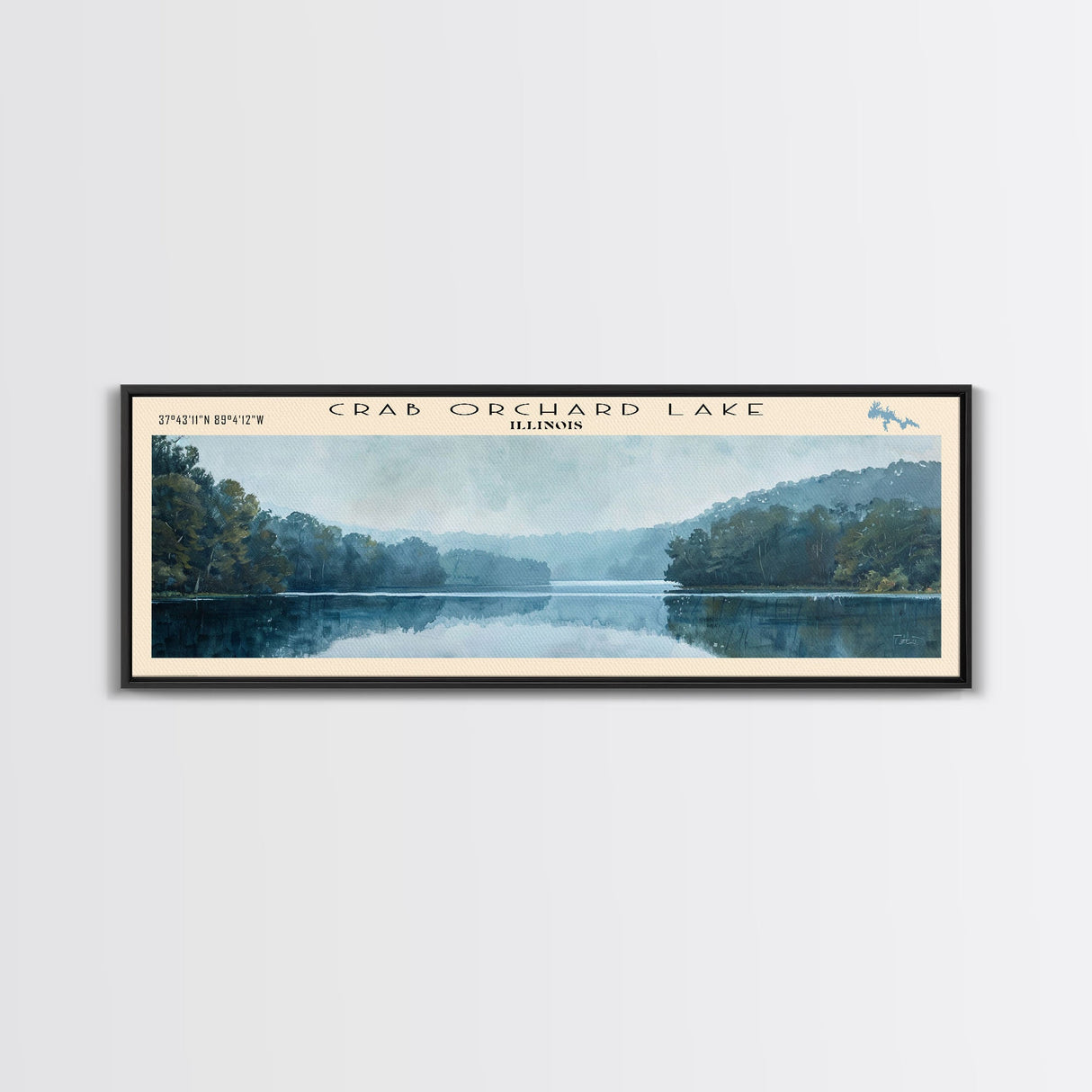 Crab Orchard Lake Illinois Framed Canvas Print, Lake House Art, Panoramic Wide Art, Travel Poster, Modern Lake Painting, Nature Art