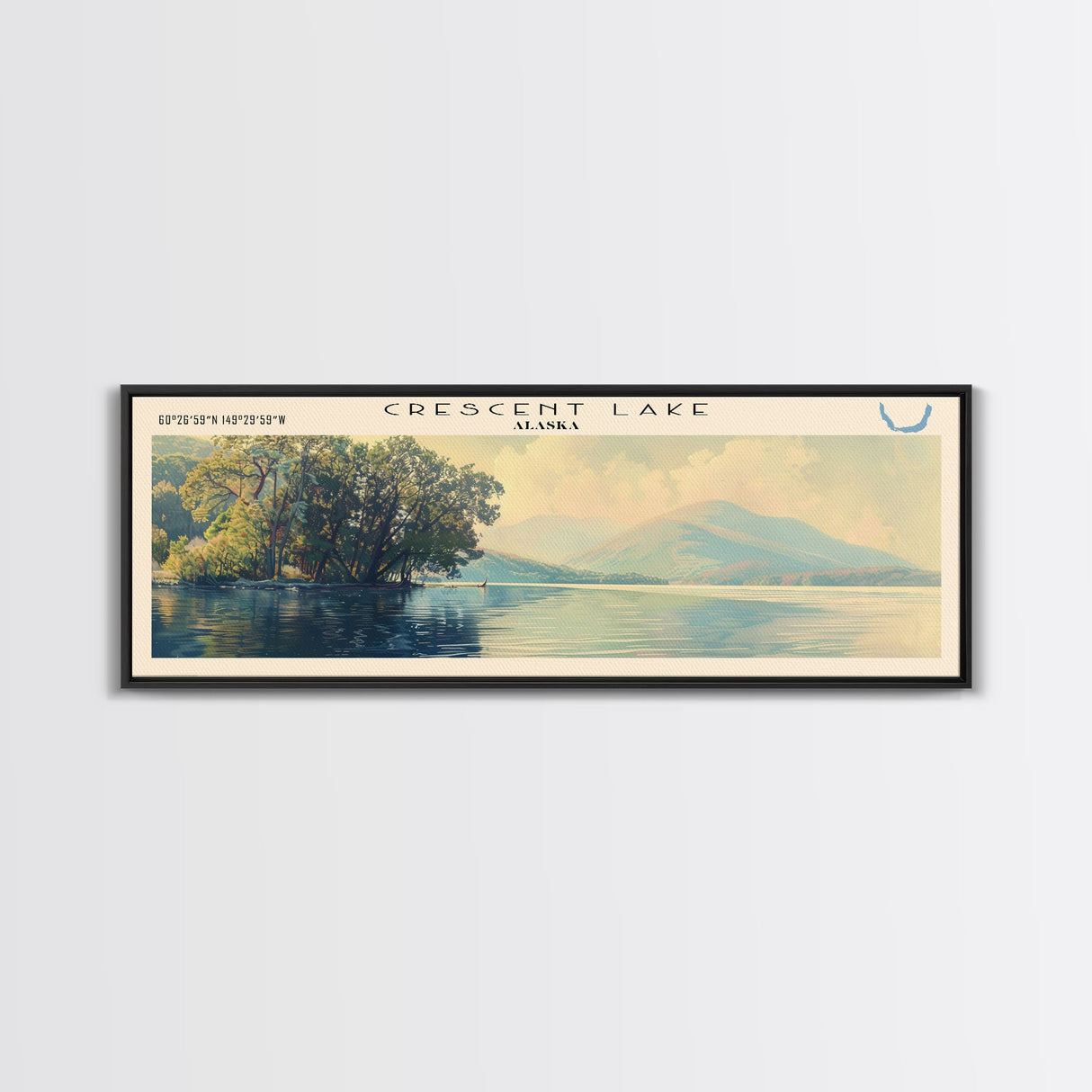 Crescent Lake Framed Canvas Print, Lake House Art, Panoramic Travel Poster, Wall Art, Modern Lake Painting, Home Decor