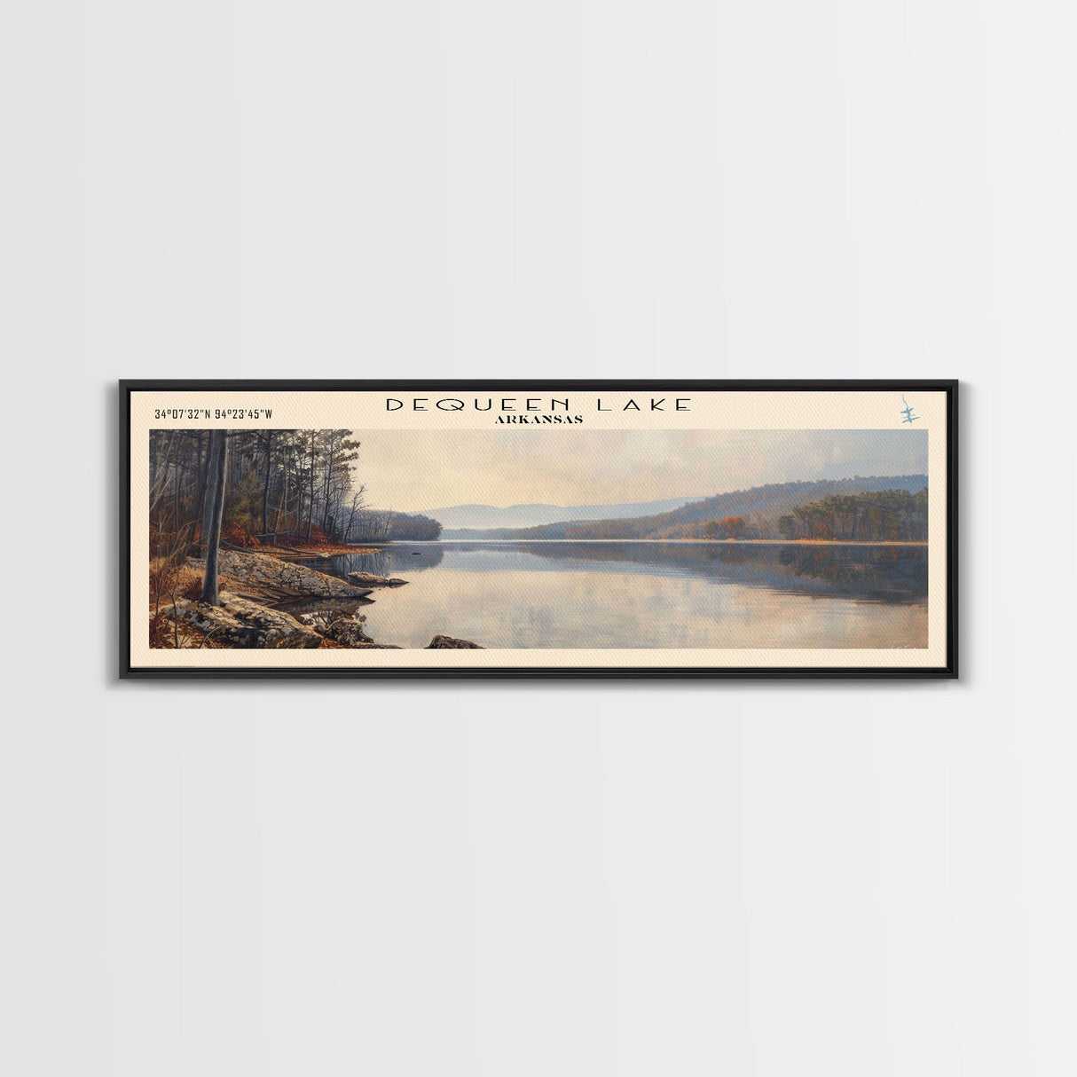 DeQueen Lake Arkansas Framed Canvas Print, Lake House Art, Panoramic Wall Art, Travel Poster, Rustic Lake Painting, Home Decor